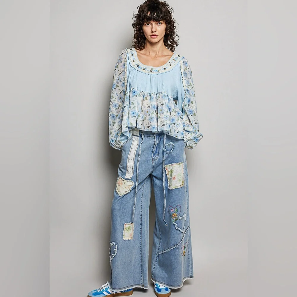 One Left!...POL Light Blue Floral Peasant Blouse - Picture 2 of 6